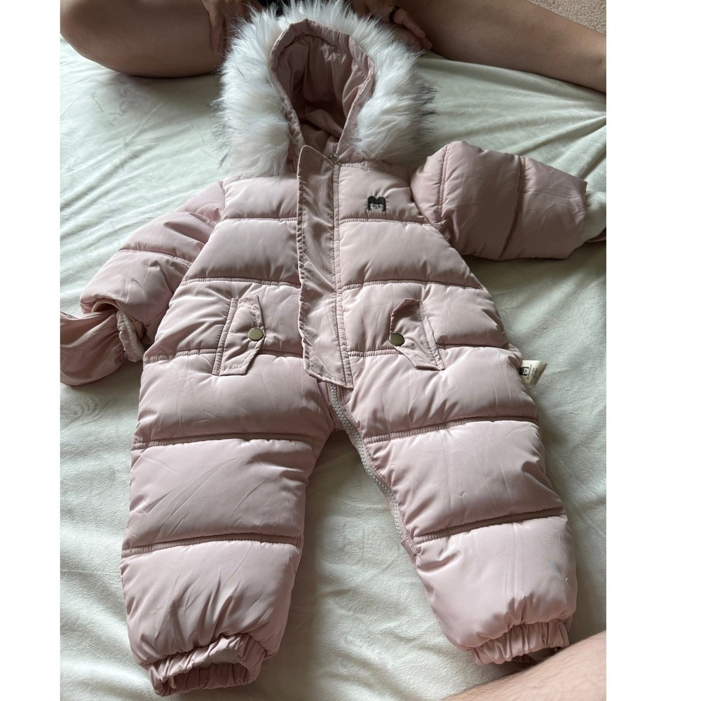 Murmur Bear Pink Puffer Snowsuit Faux Fur Hood Mittens 12-18M 72-76cm
